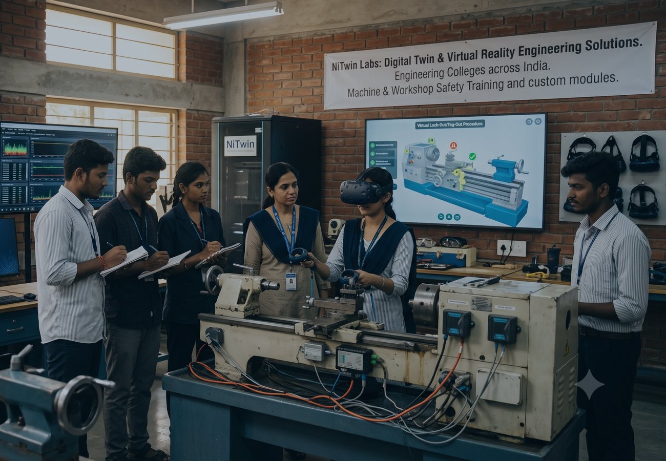 Student using a VR headset for machine safety training in an engineering workshop